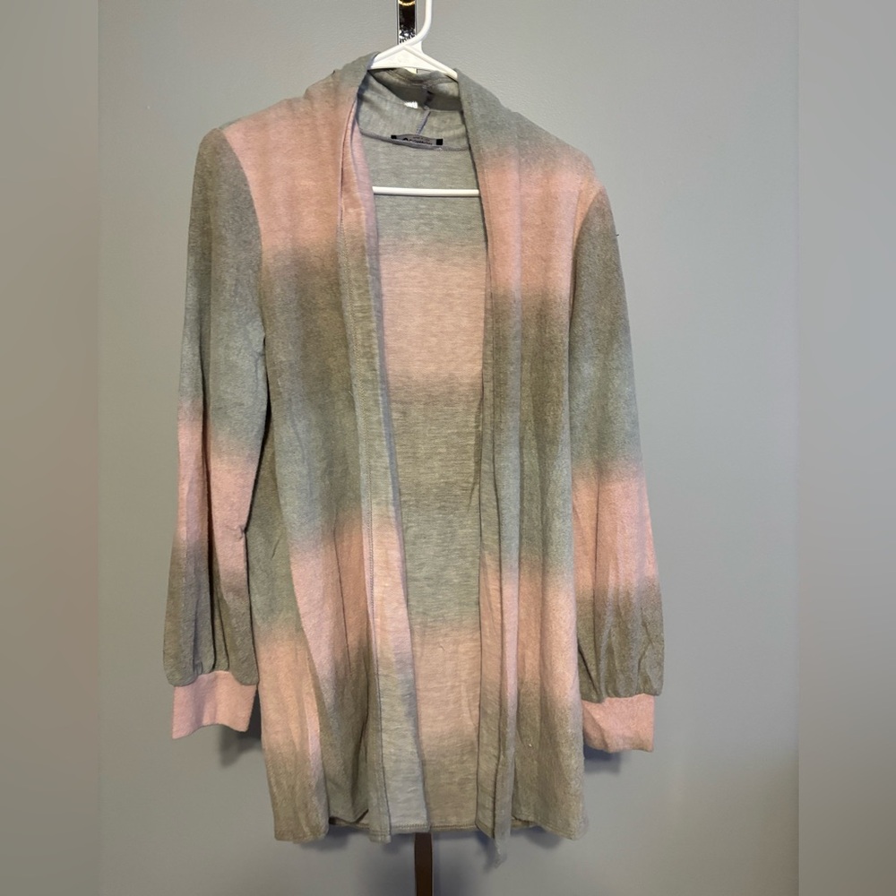 BomBom Long Sleeve Soft Open Front Cardigan Large Pink&Gray